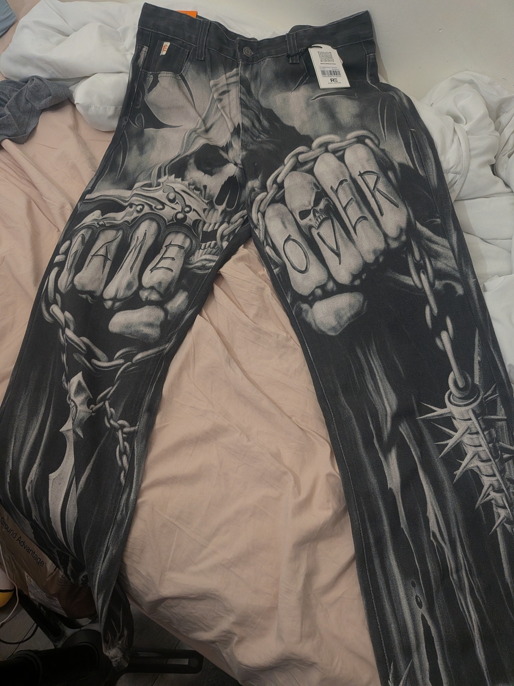 Riot Empire Skull Print Jeans 36/32 Graphic Print Men’s Pants - Streetwear Style